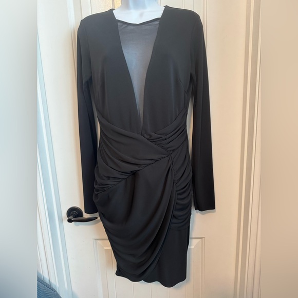 Bailey 44 Long Sleeve Black Libido Dress, Front V Shaped Mesh Panel, Ruching, M - Picture 5 of 10